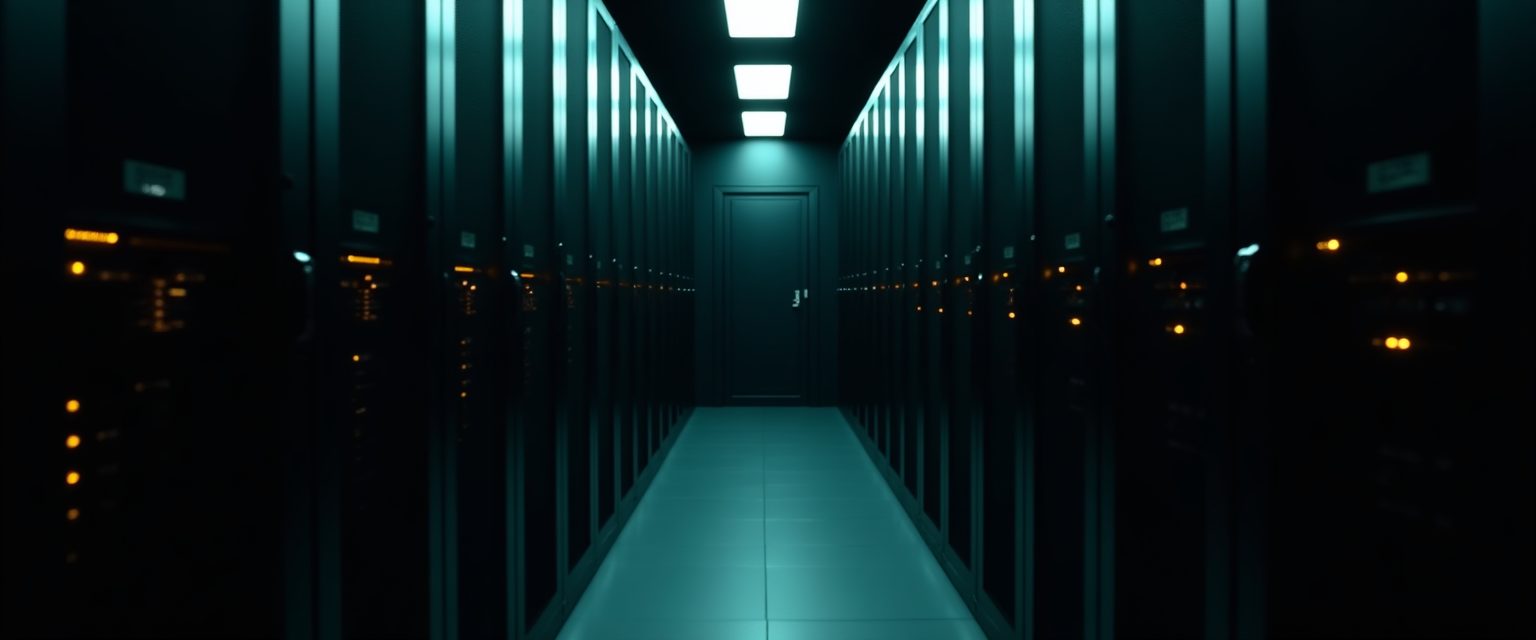 A private data-centre corridor with dark racks and a closed door at the end.