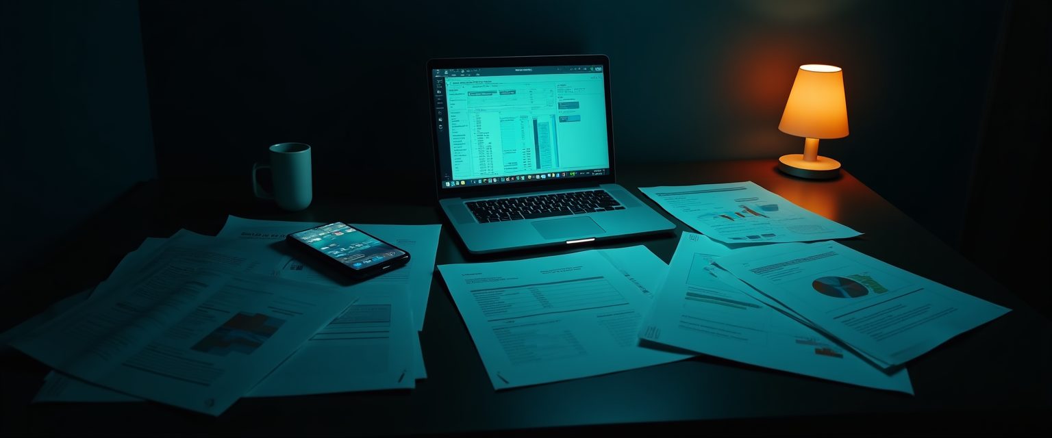 An executive desk at night: printed reports, a spreadsheet and chat messages, each with a different version of the company.